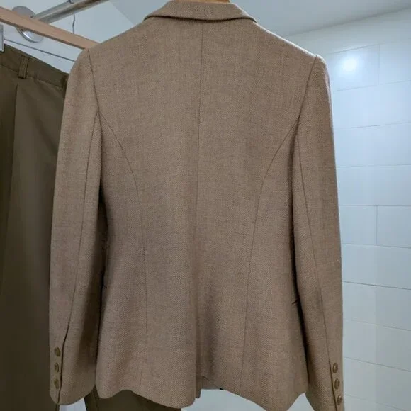 Vintage 1990s Custom Tailored Beige Wool Herringbone Blazer S/M - Picture 7 of 11